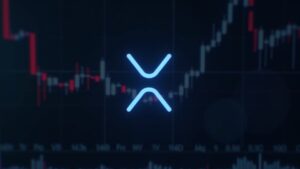 Cabecera realista de XRP con logo, precio cerca de 1.90, señales del gráfico mixtas, cruce de la muerte y señales de venta del MACD, operador frente a pantalla de datos