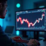 Primer plano fotorrealista de un comerciante de criptomonedas que estudia un gráfico de precio de XRP iluminado con titulares en los monitores.