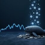 Cartera con forma de ballena acapara XRP brillantes frente a un gráfico de precios en escala de grises con líneas de libro mayor azules y símbolos de ETF.