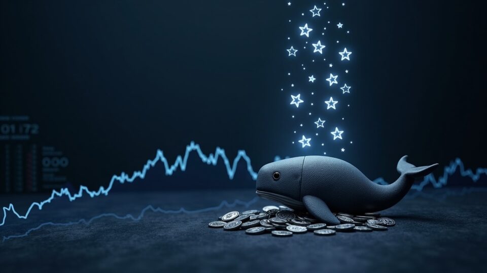 Cartera con forma de ballena acapara XRP brillantes frente a un gráfico de precios en escala de grises con líneas de libro mayor azules y símbolos de ETF.