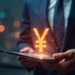 Escena fotorrealista de un banco central con yuan digital brillante fluyendo hacia una aplicación segura en una tableta.