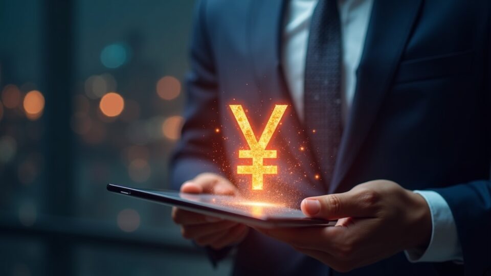 Escena fotorrealista de un banco central con yuan digital brillante fluyendo hacia una aplicación segura en una tableta.