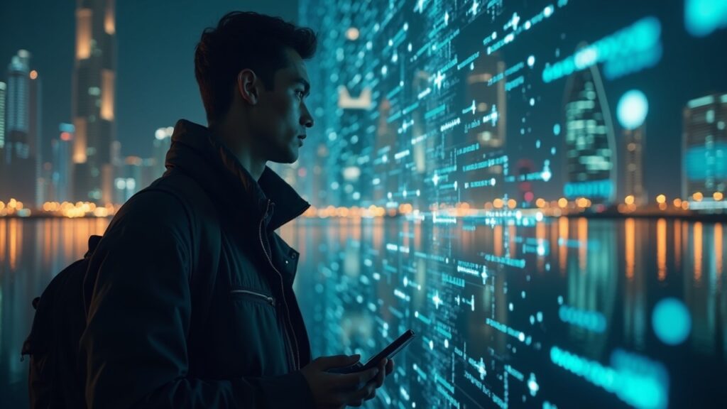 Retrato fotorrealista de un investigador on-chain con trazas cripto que fluyen hacia el horizonte de Dubai.