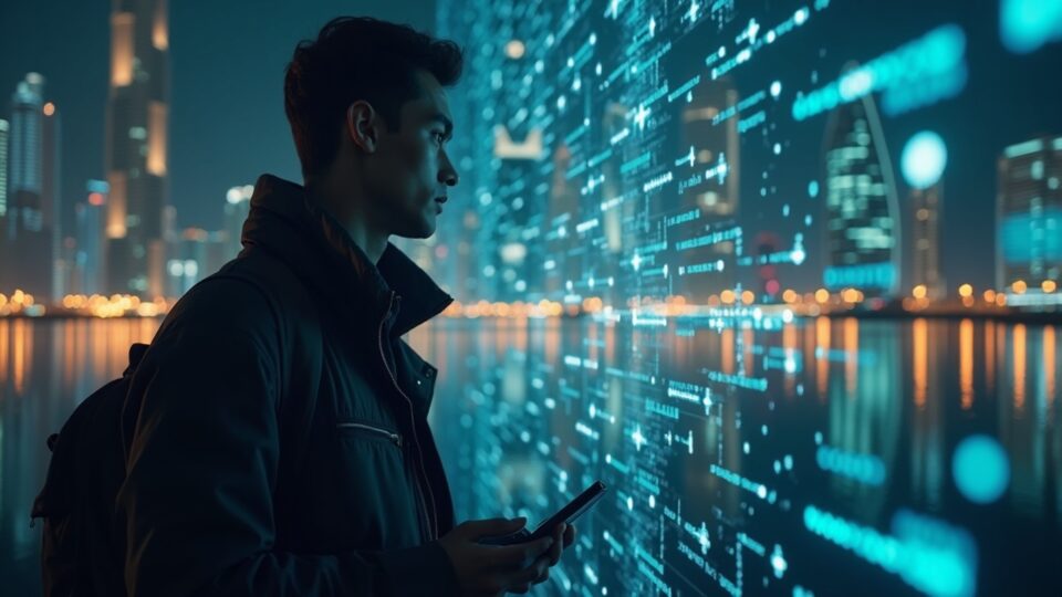 Retrato fotorrealista de un investigador on-chain con trazas cripto que fluyen hacia el horizonte de Dubai.