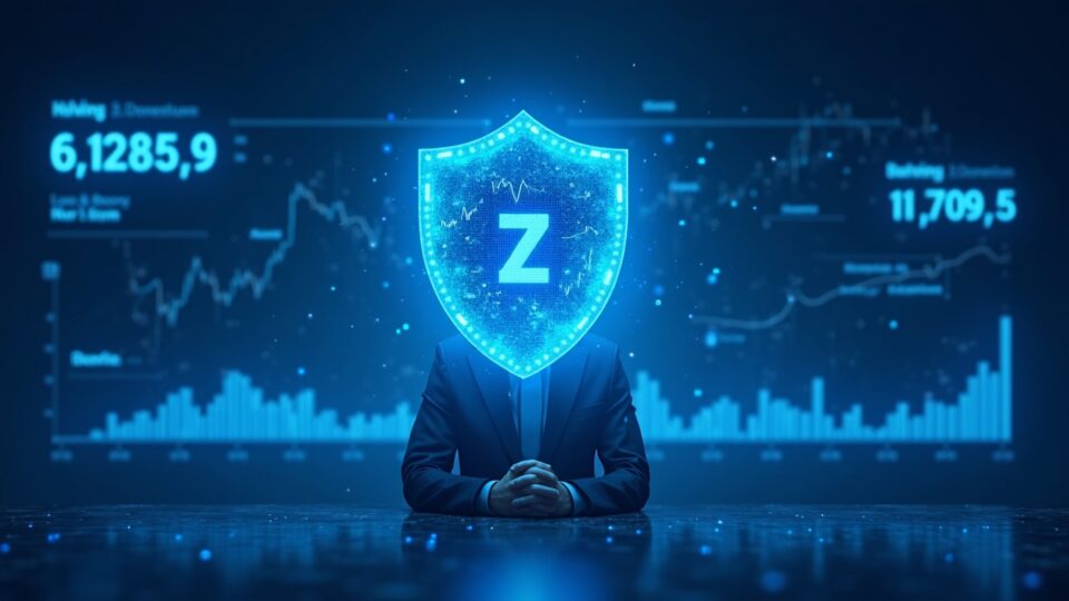 Analista cripto fotorrealista en el centro con un escudo holográfico de Zcash, cuenta regresiva del halving y gráficos de altcoins en una sala de redacción.