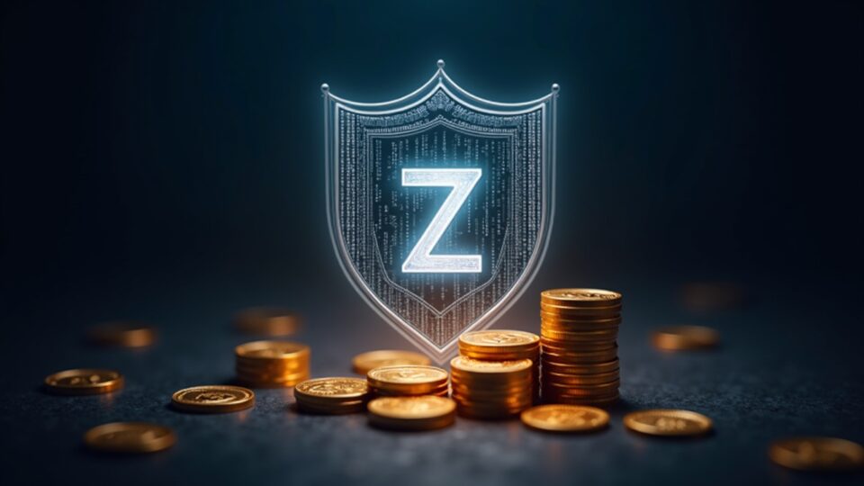Logotipo fotorrealista de Zcash centrado con un escudo transparente y monedas ascendentes, simbolizando la privacidad y la recuperación.