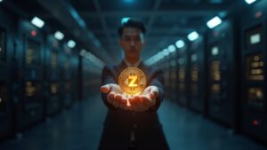 Escena de sala de prensa: una persona sostiene una moneda Zcash luminosa junto a un gráfico que muestra un triángulo ascendente cerca de la resistencia; bóvedas en frío al fondo