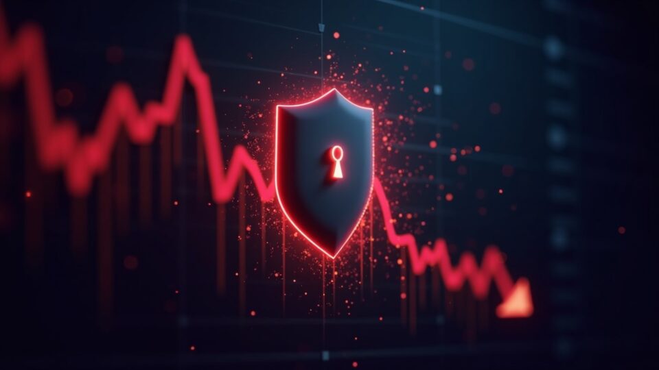 Escudo de privacidad fotorrealista disolviéndose en un gráfico de precios descendente en rojo con iconos regulatorios en el fondo.