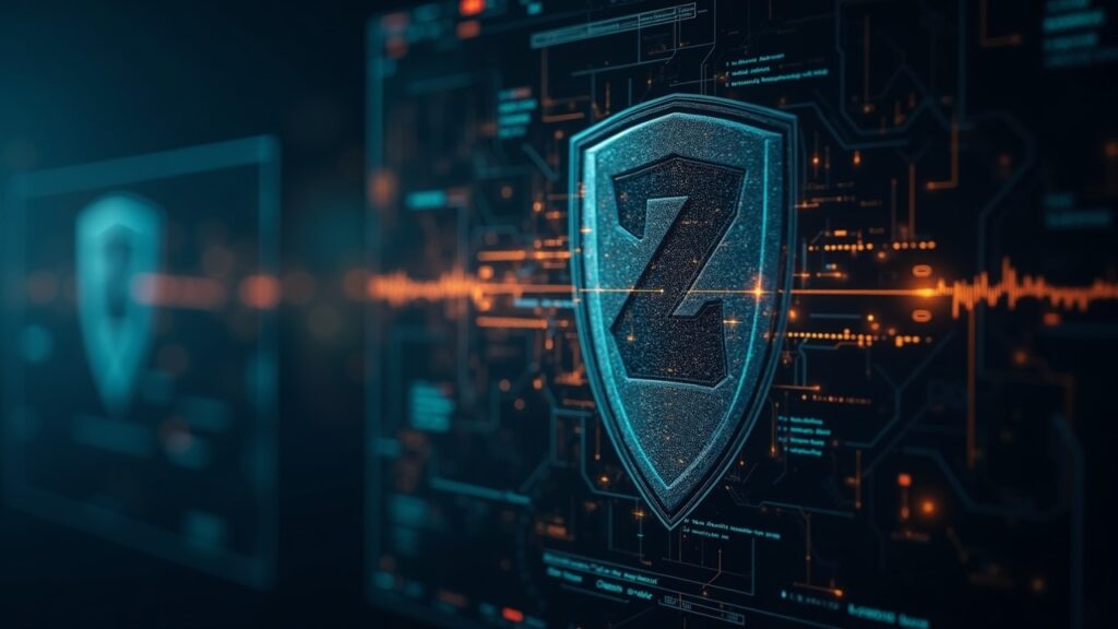 Escena fotorrealista de una redacción con flujos protegidos vs transparentes de Zcash, con un gráfico con etiqueta del 53%.