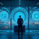 Piso de negociación futurista con un analista central, paneles holográficos de Canton, liquidación sin custodia y escudos de privacidad.