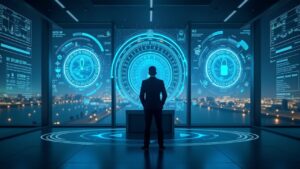 Piso de negociación futurista con un analista central, paneles holográficos de Canton, liquidación sin custodia y escudos de privacidad.