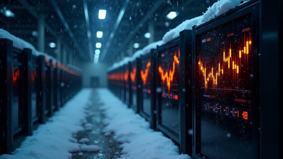 Instalación de minería de Bitcoin fotorrealista en una tormenta invernal con rigs ASIC y un gráfico bursátil luminoso que muestra resiliencia.