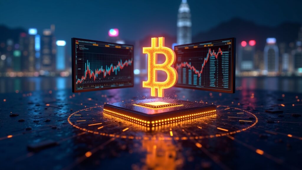 Chip de IA fotorrealista se transforma en un glifo de Bitcoin junto a un horizonte de Hong Kong; pantallas muestran acciones de IA en alza, Bitcoin estable.