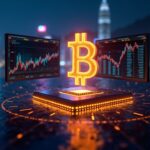 Chip de IA fotorrealista se transforma en un glifo de Bitcoin junto a un horizonte de Hong Kong; pantallas muestran acciones de IA en alza, Bitcoin estable.