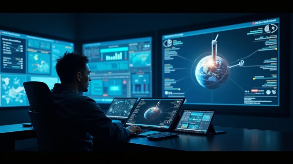 Operador de misión fotorrealista en una sala de control de alta tecnología con paneles holográficos, satélite y Tierra visibles.