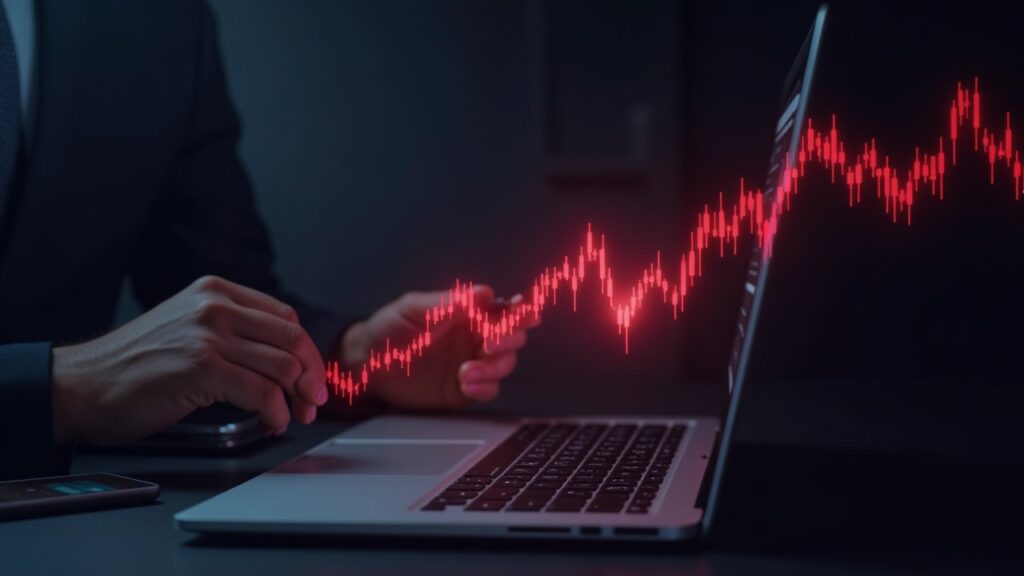 Encabezado fotorrealista: ejecutivo financiero en un escritorio con un logotipo holográfico de AVAX y un gráfico bursátil rojo que señala volatilidad por ventas de insiders.