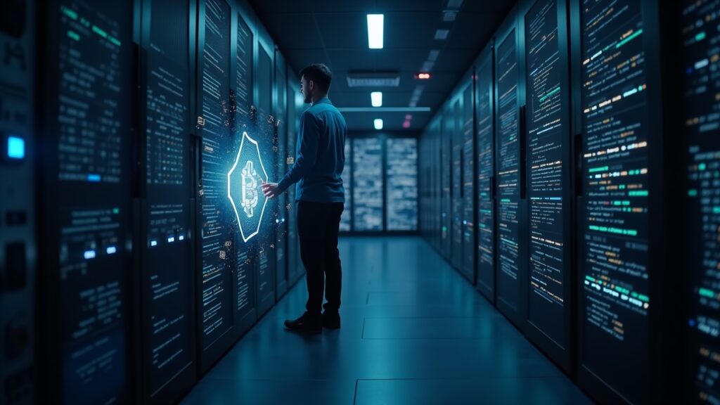 Fundador tecnológico en una elegante sala de datos con una bóveda BTC holográfica y código en movimiento, simbolizando el colateral de Bitcoin.