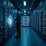 Fundador tecnológico en una elegante sala de datos con una bóveda BTC holográfica y código en movimiento, simbolizando el colateral de Bitcoin.