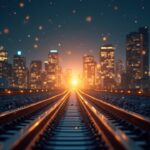 Encabezado fotorrealista con un ejecutivo central sobre carriles de pago iluminados, simbolizando la liquidación en stablecoins Bakkt-DTR.
