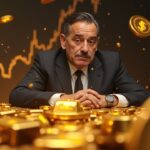 Un colosal inversor ballena observa barras de oro tokenizado que brillan, con un gráfico de precios en ascenso y tokens digitales de oro orbitando.