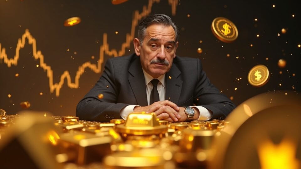 Un colosal inversor ballena observa barras de oro tokenizado que brillan, con un gráfico de precios en ascenso y tokens digitales de oro orbitando.