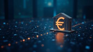 Fachada bancaria moderna conectada mediante líneas brillantes de registro contable a un símbolo de euro digital, ilustrando cómo los bancos anclan el dinero digital.