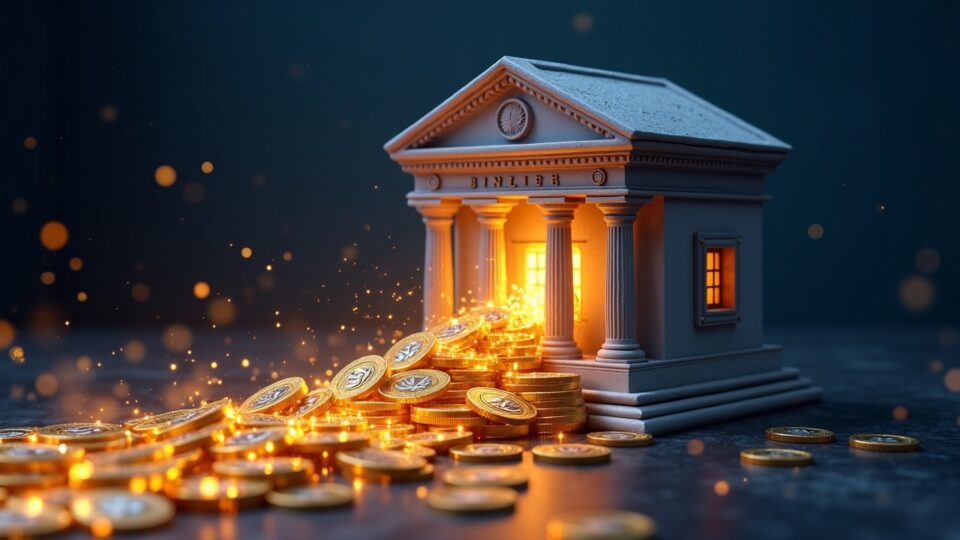 Fachada bancaria hiperrealista con stablecoins saliendo de las cajas fuertes hacia una red descentralizada, representando la fuga de depósitos.