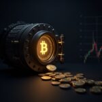 Bóveda fotorrealista que se abre para revelar monedas de Bitcoin, con un emblema de Binance y un gráfico de mercado en alza, simbolizando un SAFU respaldado por BTC y el impacto en el mercado.