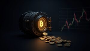 Bóveda fotorrealista que se abre para revelar monedas de Bitcoin, con un emblema de Binance y un gráfico de mercado en alza, simbolizando un SAFU respaldado por BTC y el impacto en el mercado.