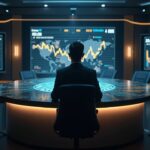 Comerciante en un elegante escritorio de sala de noticias con gráficos holográficos de futuros de oro y plata, resplandor 24/7, rejilla digital y una insignia regulatoria.