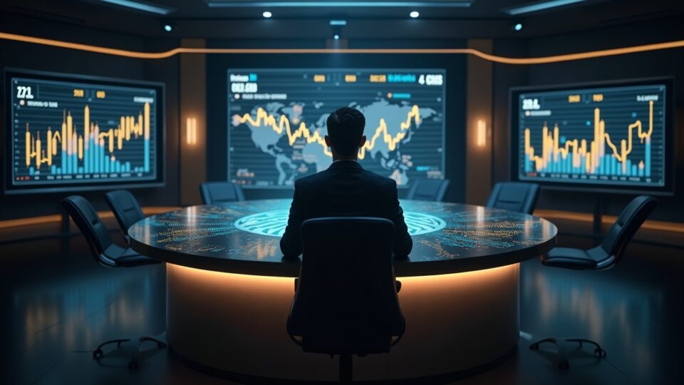 Comerciante en un elegante escritorio de sala de noticias con gráficos holográficos de futuros de oro y plata, resplandor 24/7, rejilla digital y una insignia regulatoria.