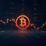 Rutas de precio de Bitcoin a 69k y 100k mostradas en un gráfico dividido sobre un elegante piso de operaciones cripto.