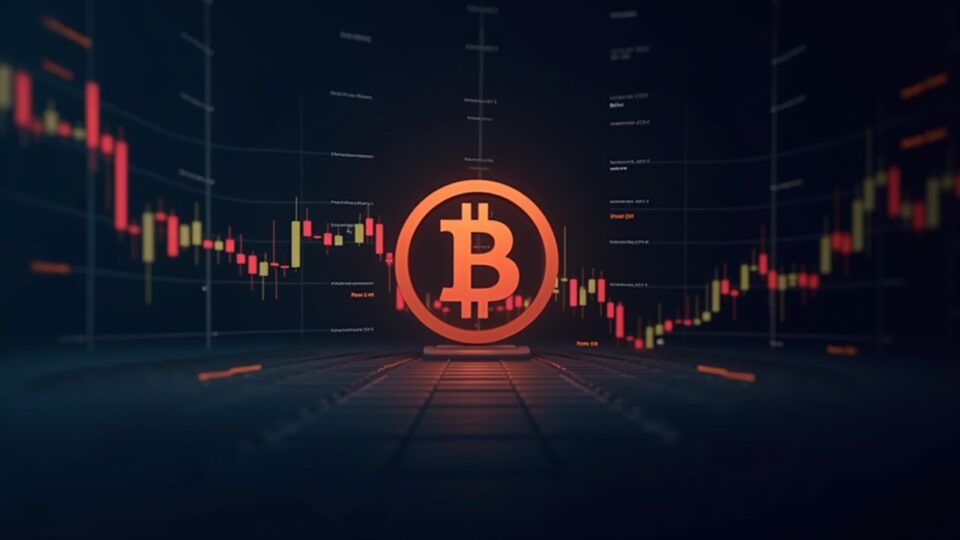 Rutas de precio de Bitcoin a 69k y 100k mostradas en un gráfico dividido sobre un elegante piso de operaciones cripto.