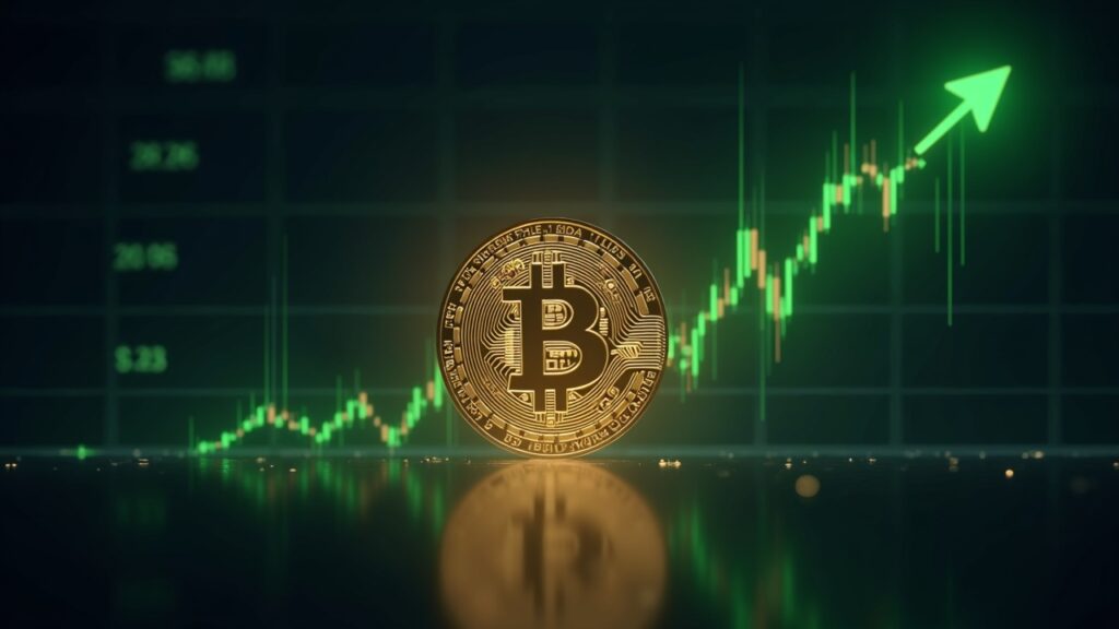 Moneda fotorrealista de Bitcoin centrada sobre un gráfico de precios de 93k iluminado con una flecha alcista verde, con un fondo de operadores institucionales.