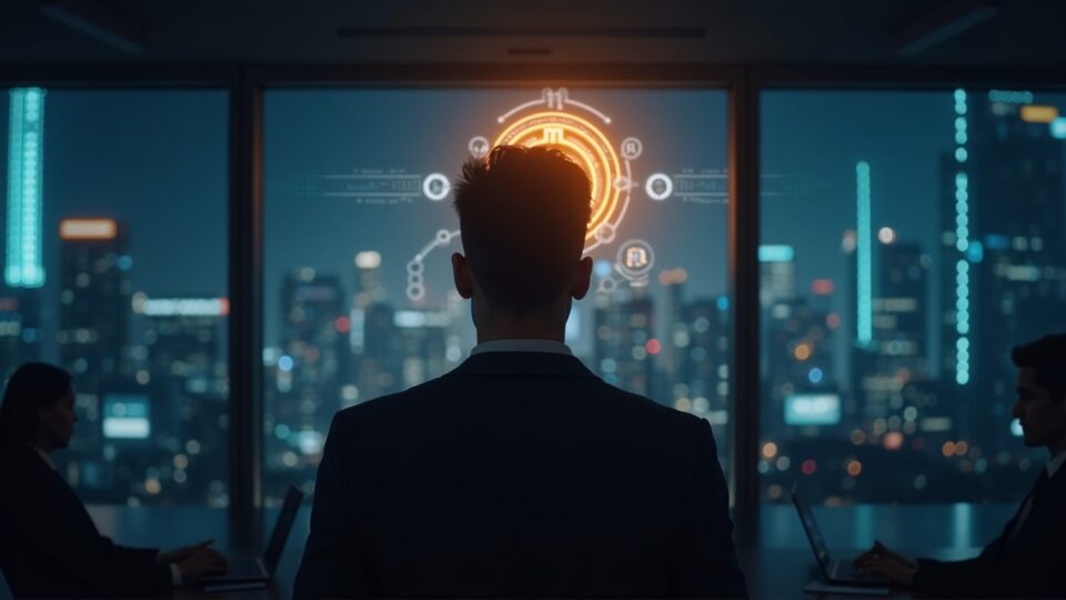 Encabezado fotorrealista: analista de criptomonedas en una oficina elegante con un logotipo luminoso de Bitcoin y la silueta de una computadora cuántica.