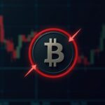 Logotipo de Bitcoin centrado sobre un tablero financiero oscuro con velas bajistas, cruce MACD y flechas rojas hacia abajo.
