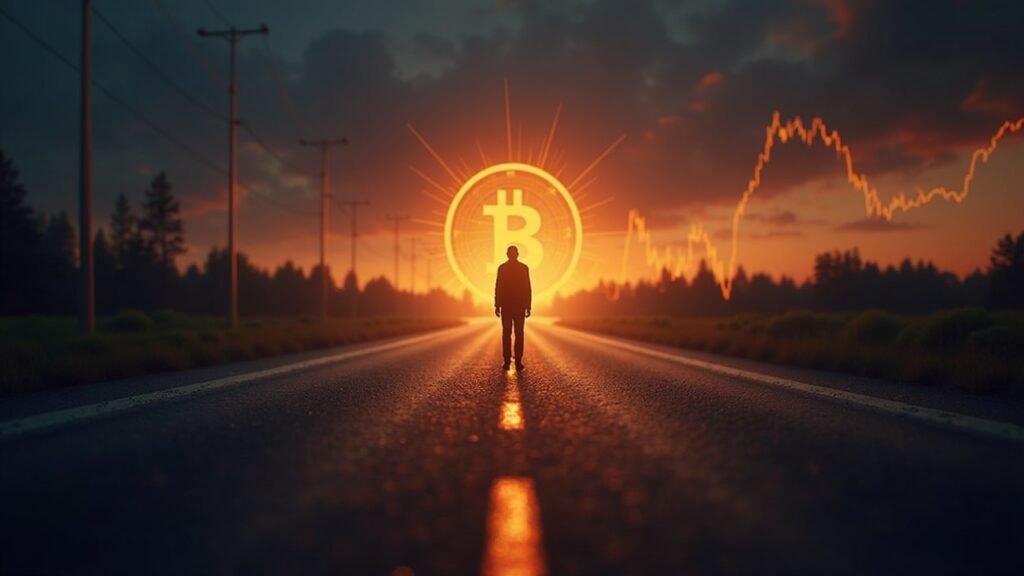 Bitcoin fotorrealista con las Pérdidas/Ganancias realizadas netas en cero, bifurcación en el camino delante de un gráfico de precios resplandeciente y siluetas institucionales.