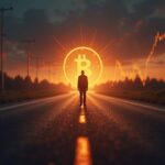 Bitcoin fotorrealista con las Pérdidas/Ganancias realizadas netas en cero, bifurcación en el camino delante de un gráfico de precios resplandeciente y siluetas institucionales.