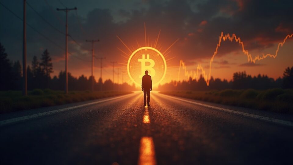 Bitcoin fotorrealista con las Pérdidas/Ganancias realizadas netas en cero, bifurcación en el camino delante de un gráfico de precios resplandeciente y siluetas institucionales.