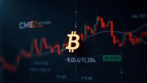 Gráfico fotorrealista del precio de Bitcoin con brechas de CME en 90.6k–91.6k y 88k, y pantallas de trading en una sala de redacción.