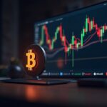 Redacción cripto fotorrealista con el logotipo de Bitcoin sobre un gráfico que muestra una cuña bajista hacia 86000 en medio de la presión vendedora.