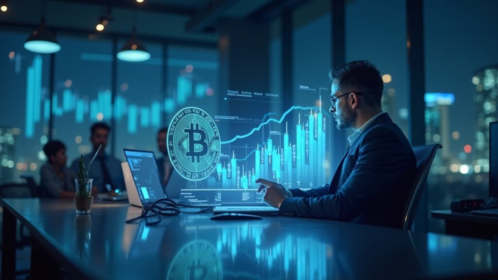 Escena fotorrealista de una sala de noticias con un analista y un gráfico holográfico de entradas de ETF de Bitcoin en ascenso, señalando flujos institucionales.