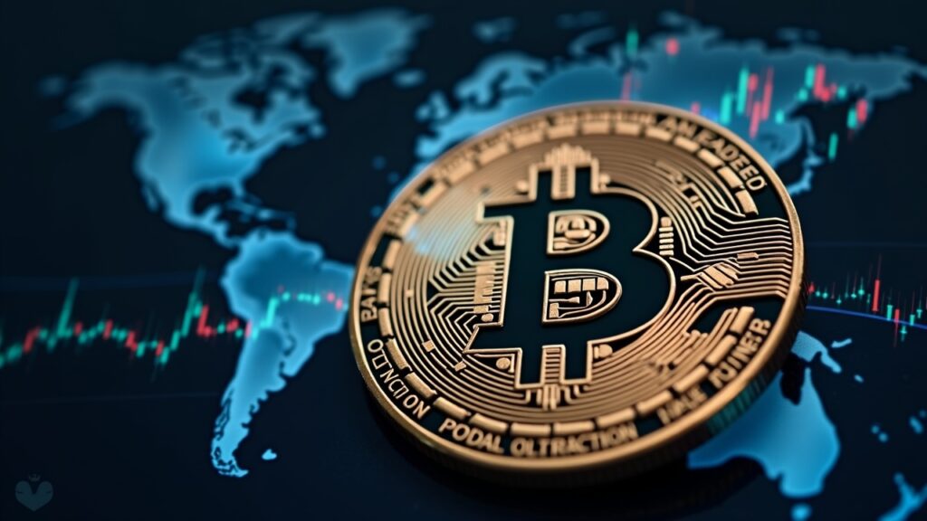 Moneda de Bitcoin fotorrealista con un panel holográfico de mercado con gráficos de BTC y ETH y un mapa mundial.