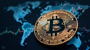 Moneda de Bitcoin fotorrealista con un panel holográfico de mercado con gráficos de BTC y ETH y un mapa mundial.