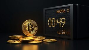 Planta de minería de Bitcoin fotorrealista con un reloj de cuenta regresiva y una moneda dorada desvaneciéndose, que ilustra los incentivos decrecientes para los mineros.