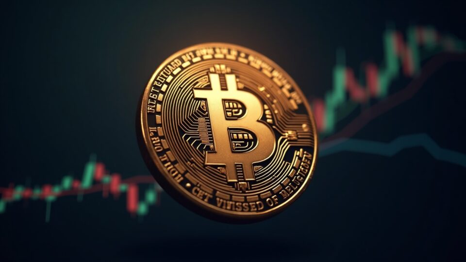 Moneda Bitcoin fotorrealista con una sutil silueta de ballena y un gráfico alcista hacia 100k BTC