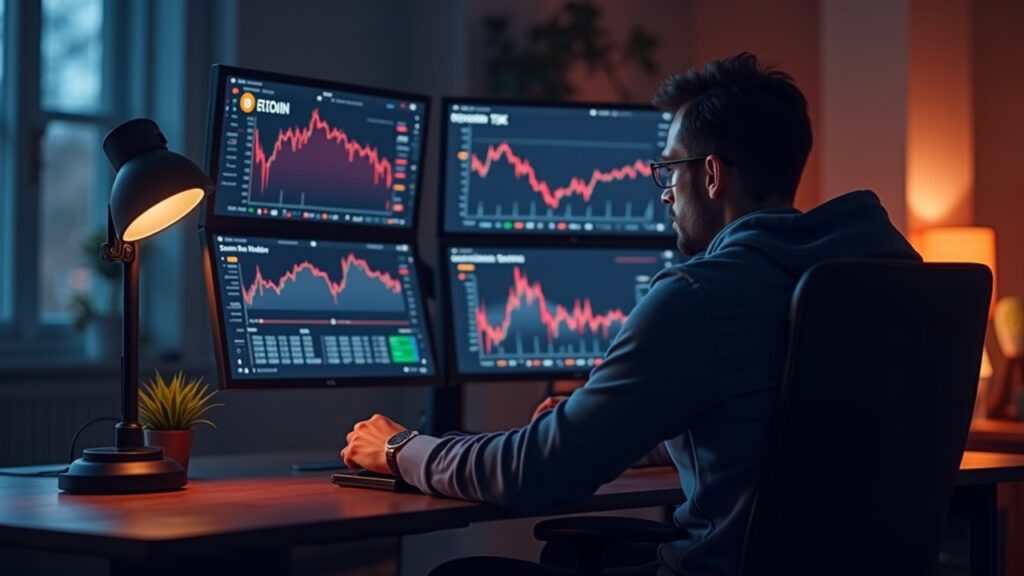 Trader cripto fotorrealista en un escritorio elegante con BTC cerca de 91k, caídas en rojo y un índice de miedo bajo.
