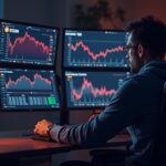 Trader cripto fotorrealista en un escritorio elegante con BTC cerca de 91k, caídas en rojo y un índice de miedo bajo.