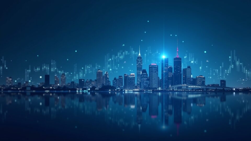 Indicador de precio de Bitcoin sobre la silueta de la ciudad con símbolos diplomáticos y un brillo azul sereno, que señala una desescalada y la resiliencia cripto.