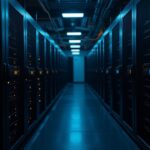 Equipos de minería de Bitcoin fotorrealistas junto a servidores de IA/HPC en un centro de datos tenue, con cables luminosos; la potencia de hash se desplaza hacia la IA.